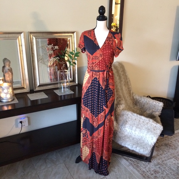 VICI boho maxi wrap dress short sleeve V neck M - Picture 2 of 11